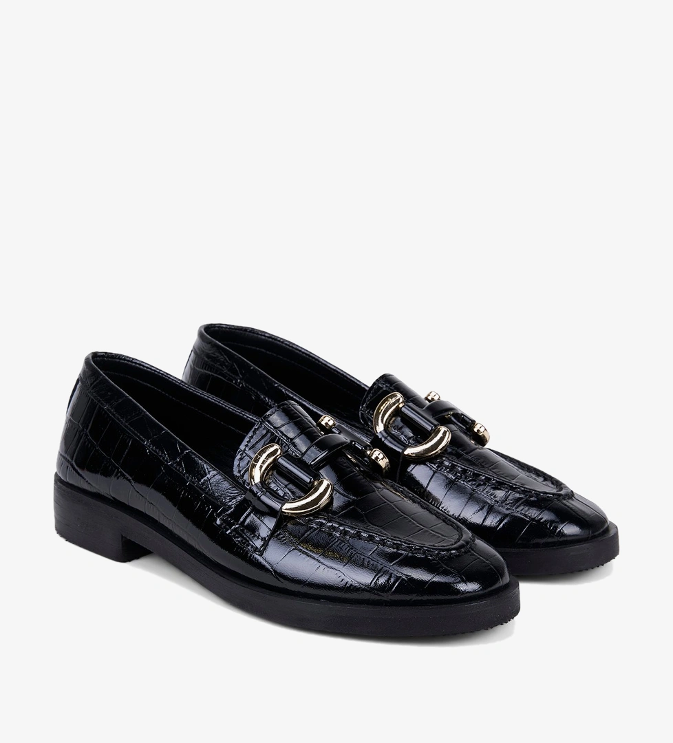 Kadın Siyah Kroko Baskılı Metal Tokalı Deri Loafer