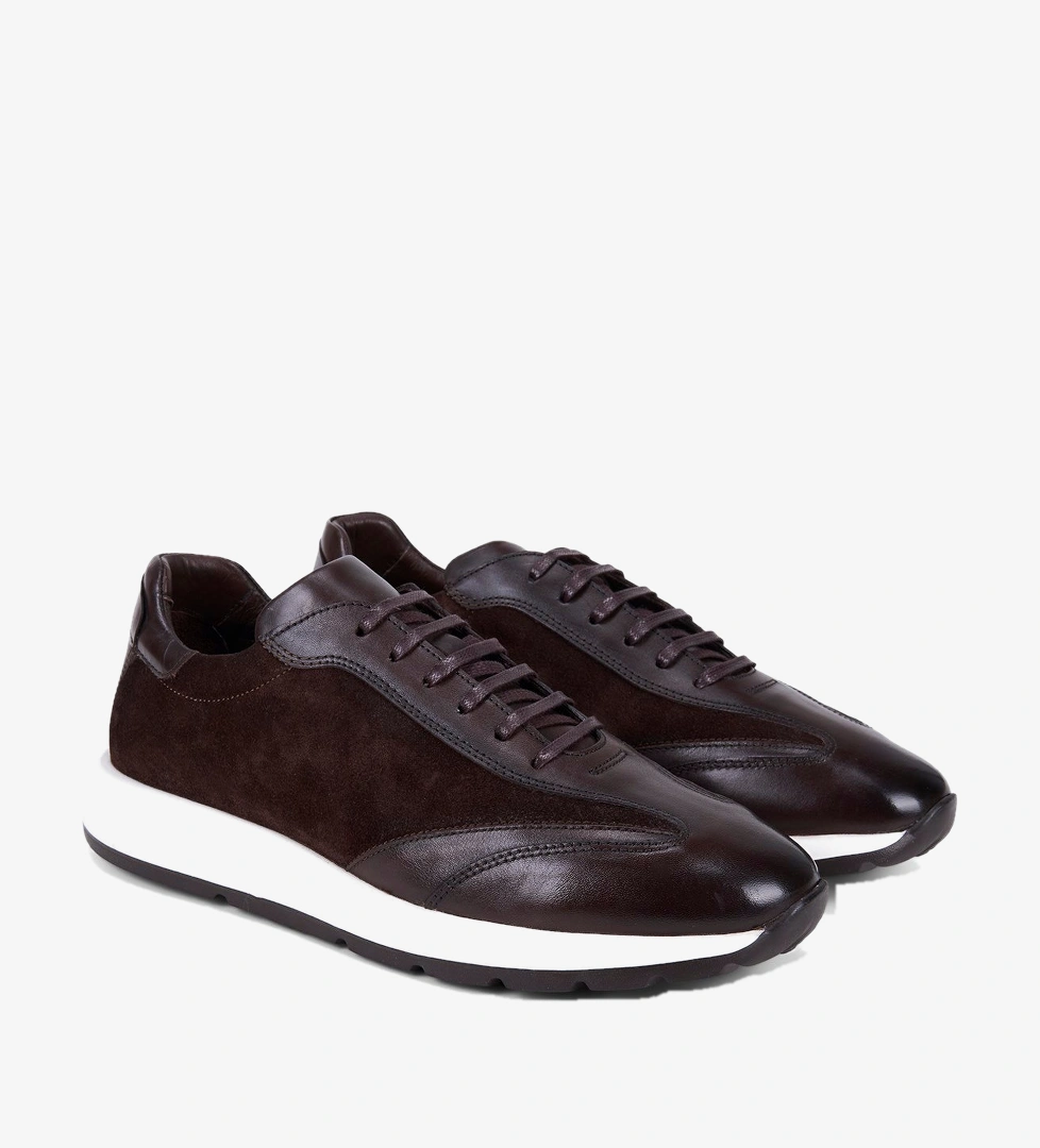 Erkek Acı Kahve Bağcıklı Süet Detaylı Deri Sneaker