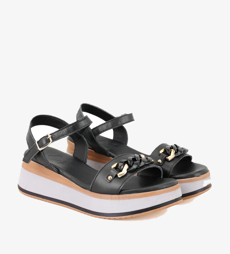 Kadın Siyah Topuklu Deri Sandalet - Görsel 1