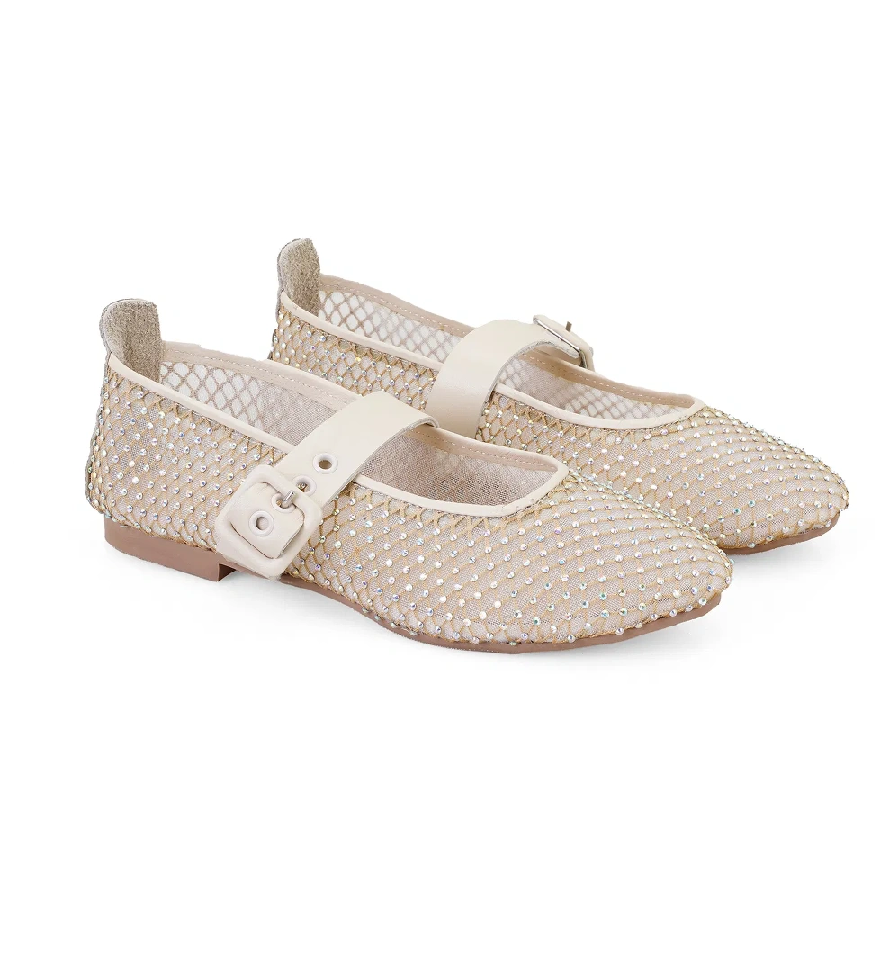 Kadın Bej Parlak Taş Detaylı Babet - Görsel 1