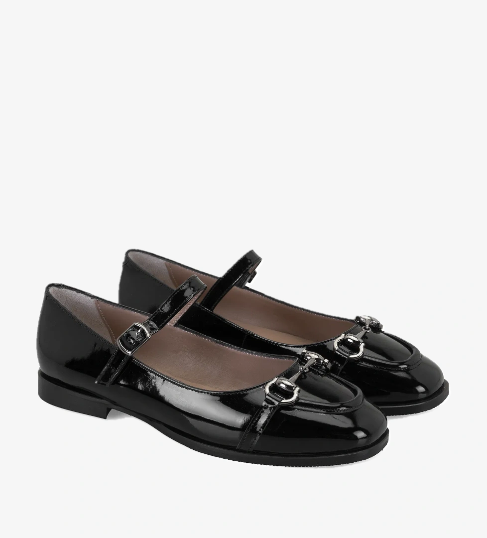 Kadın Siyah Zincir Detaylı Mary Jane Rugan Deri Babet - Görsel 1