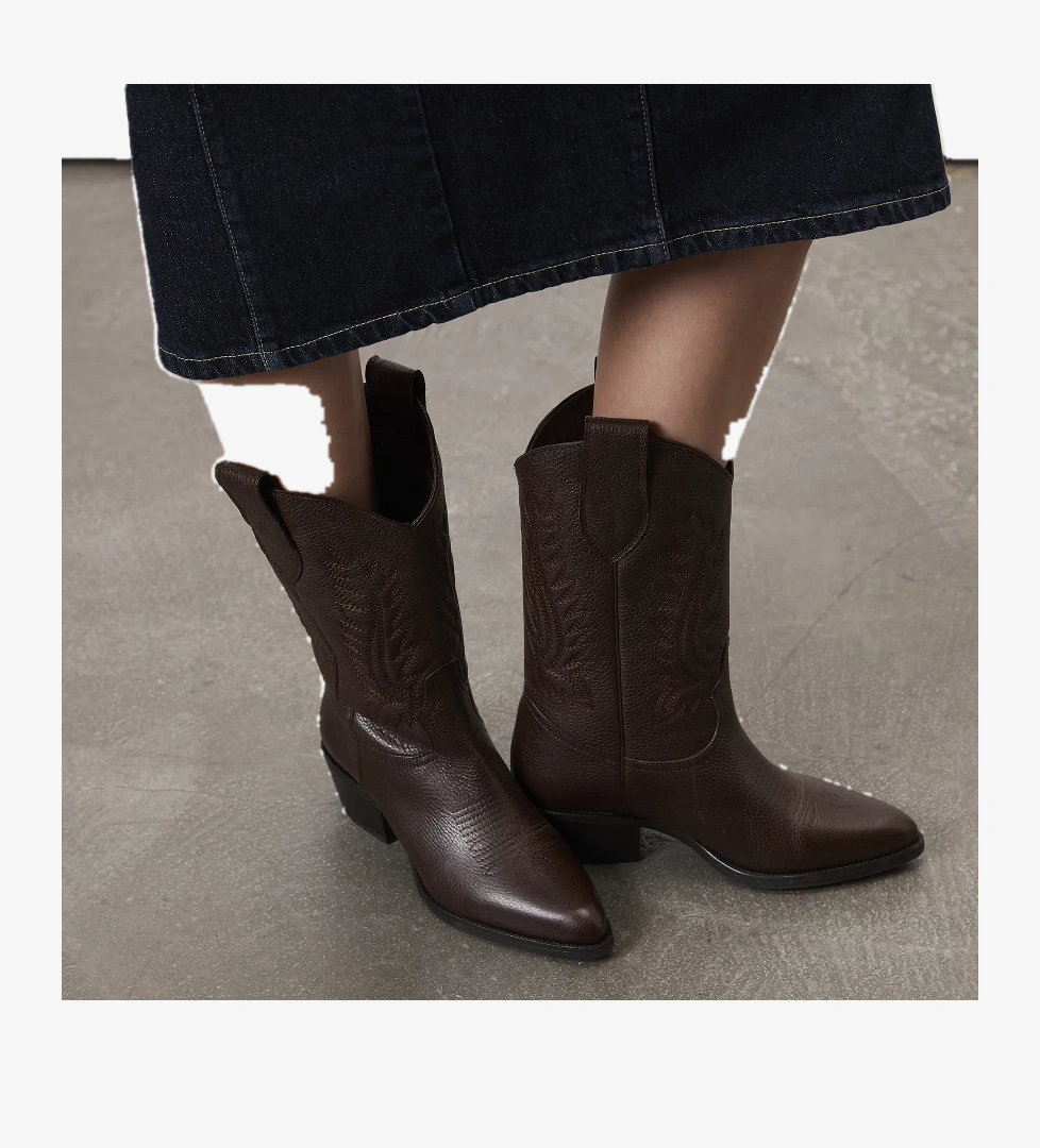 Noa Kahve Kadın Desenli Deri Kovboy Çizmesi