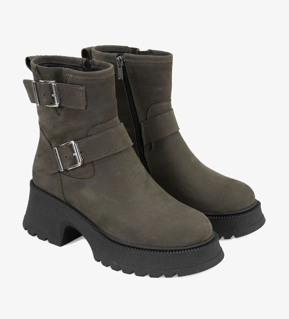 Kadın Yeşil Kemer Aksesuarlı Topuklu Deri Bot