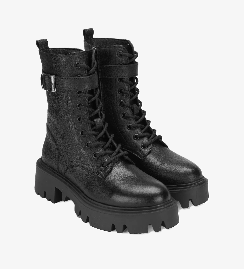 Kadın Siyah Bağcıklı Deri Postal Bot - Görsel 1