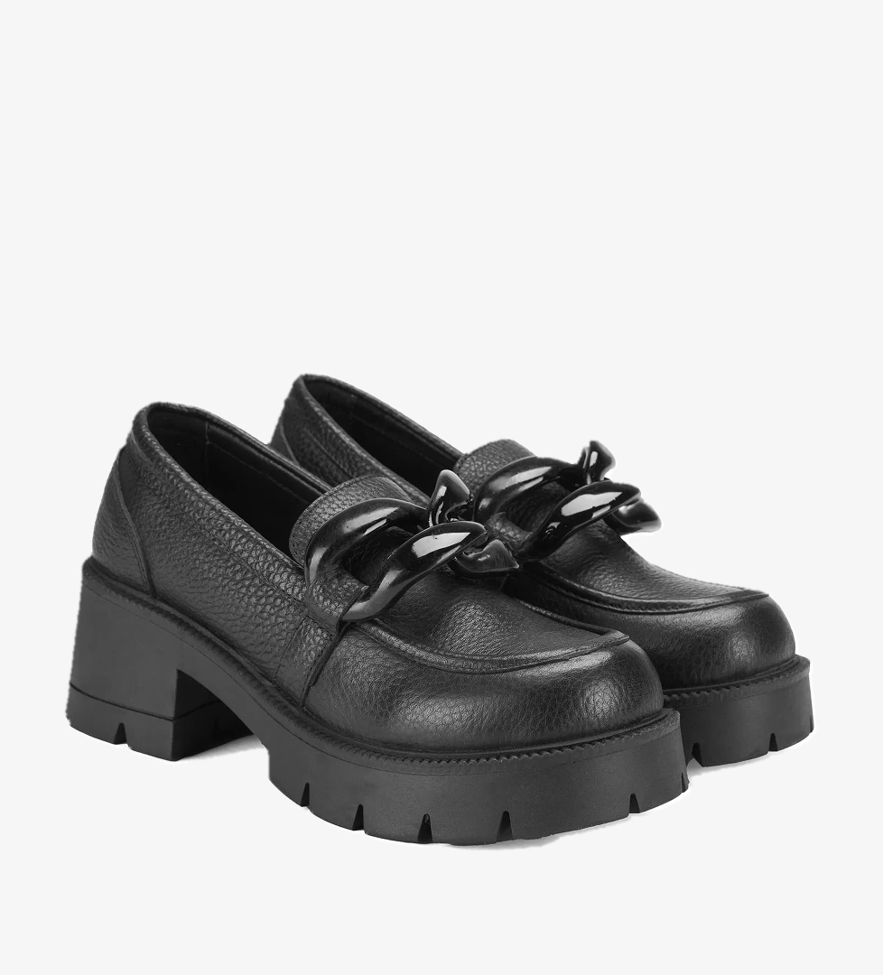 Kadın Siyah Deri Topuklu Loafer - Görsel 1