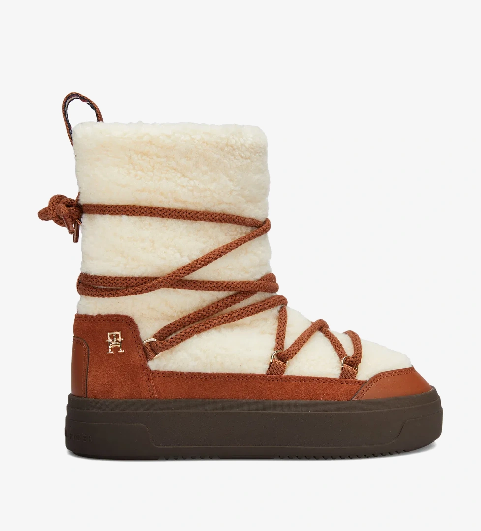 Tommy Hilfiger Lace-Up Faux Shearling Kadın Kahverengi Kar Botu - Görsel 1