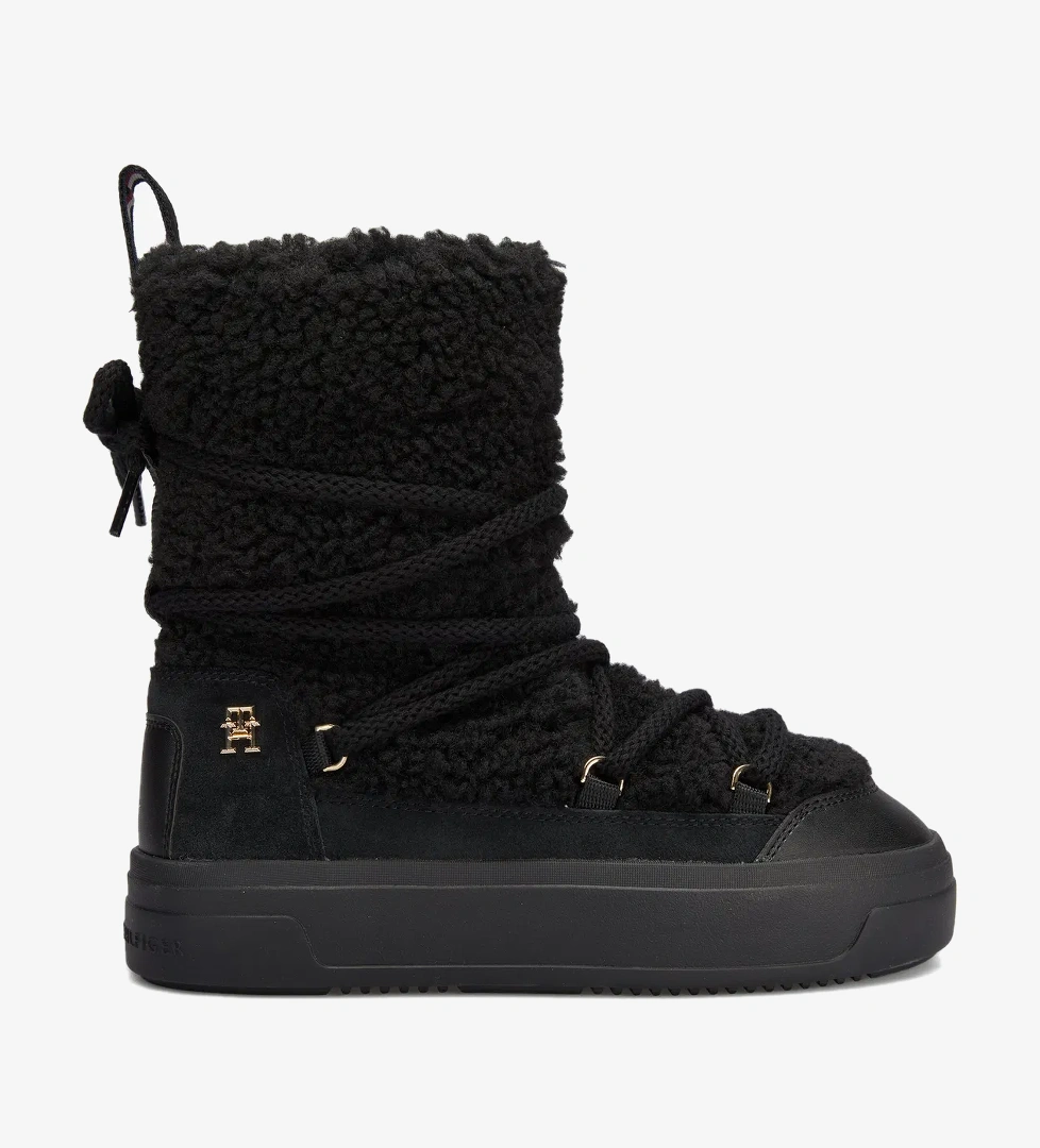 Tommy Hilfiger Lace-Up Faux Shearling Kadın Siyah Bot - Görsel 1