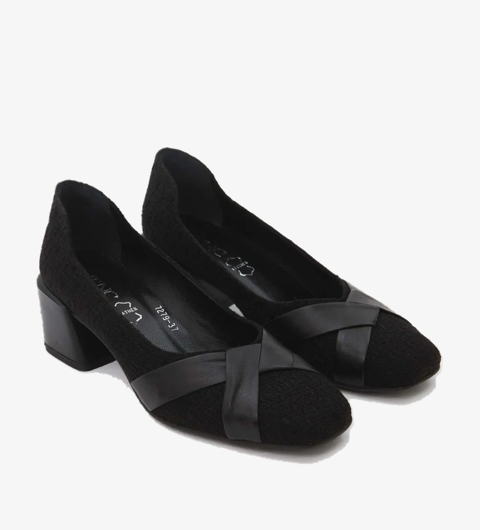 Tamer Tanca Kadın Hakiki Deri Siyah Keten Topuklu Ayakkabı - Görsel 1