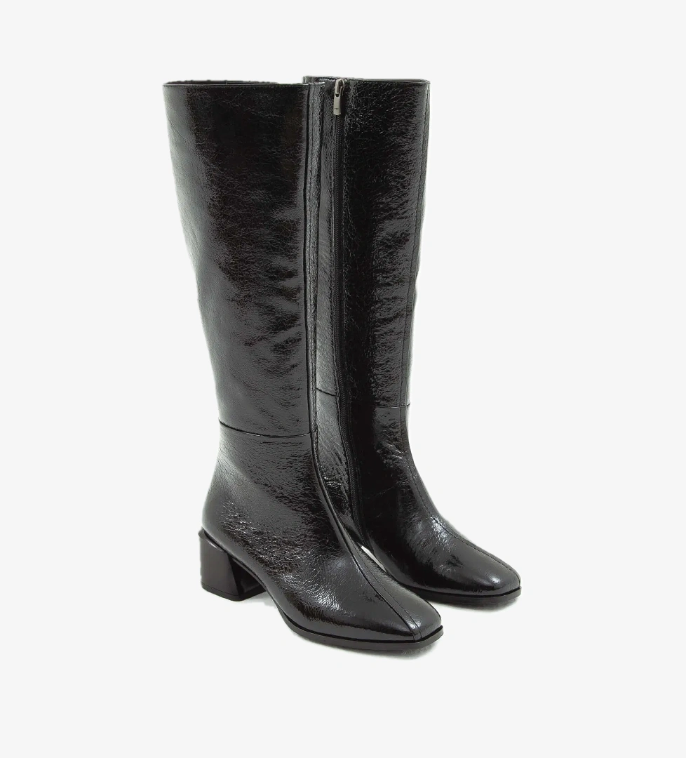 Tamer Tanca Kadın Hakiki Deri Siyah Rugan Topuklu Çizme - Görsel 1