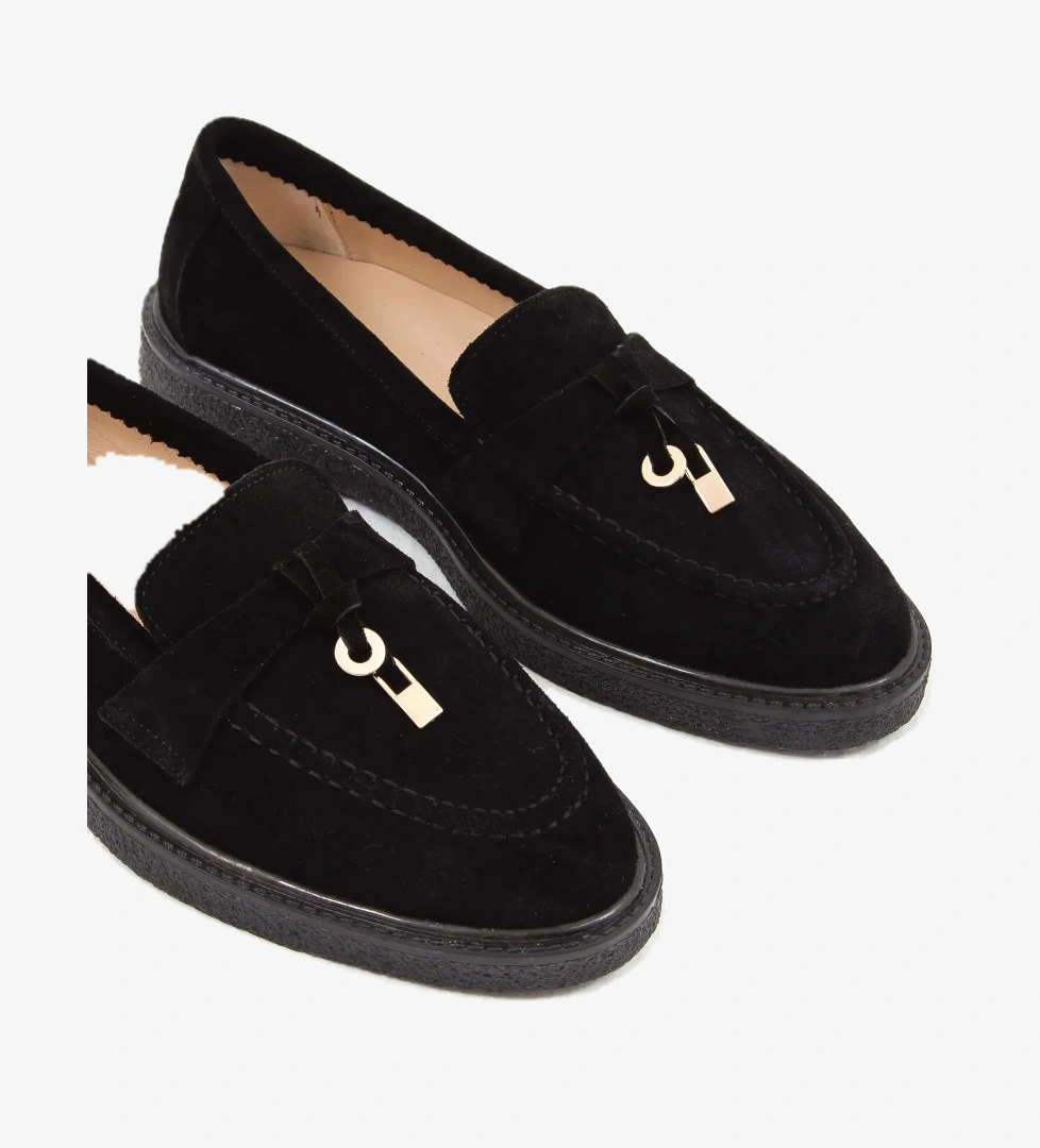 Tamer Tanca Kadın Hakiki Deri Siyah Süet Loafer Ayakkabı - Görsel 1