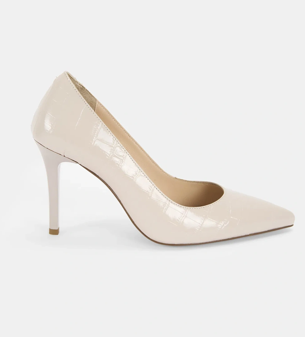 Kadın Krem Kroko Baskılı Deri Klasik Ayakkabı