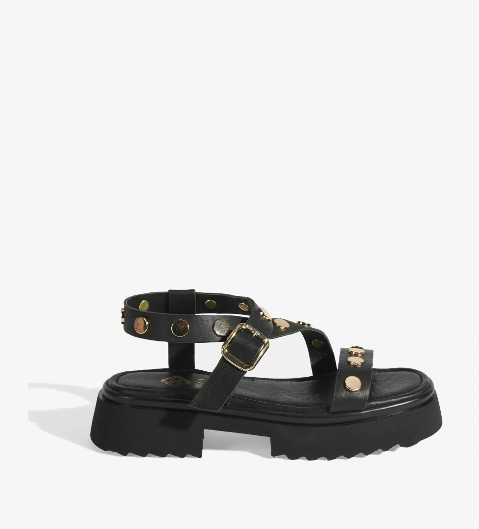 Kadın Siyah Zımba Detaylı Deri Sandalet