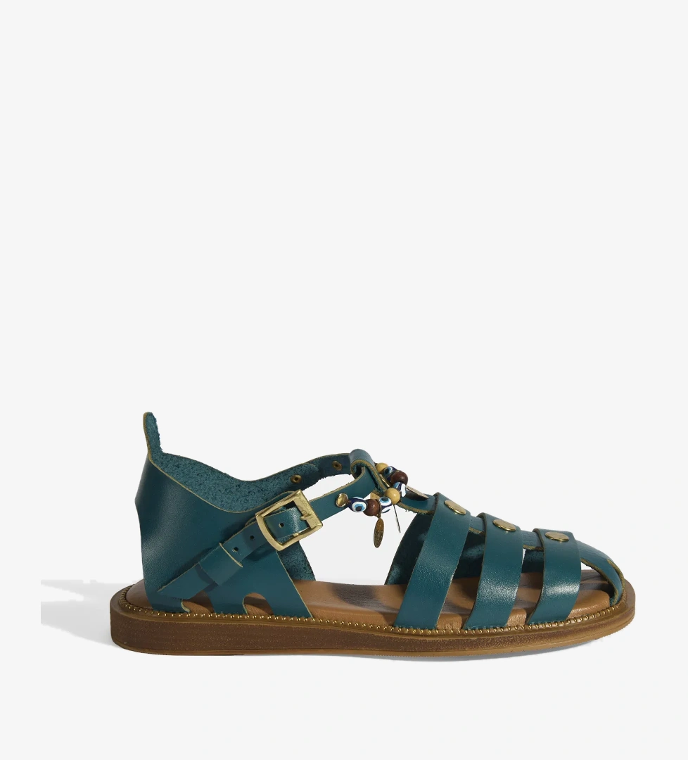 Kadın Yeşil Aksesuar Detaylı Ayarlanabilir Tokalı Deri Sandalet