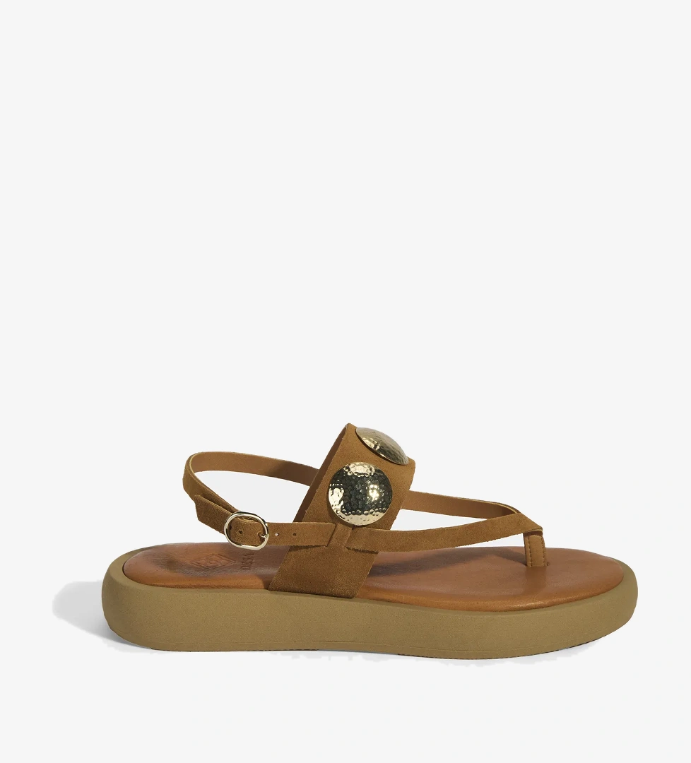 Kadın Taba Metal Aksesuarlı Ayarlanabilir Tokalı Süet Sandalet - Görsel 1