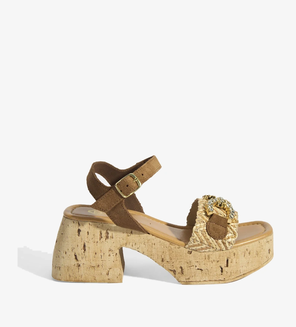 Kadın Bej Hasır Detaylı Toka Aksesuarlı Topuklu Sandalet - Görsel 1