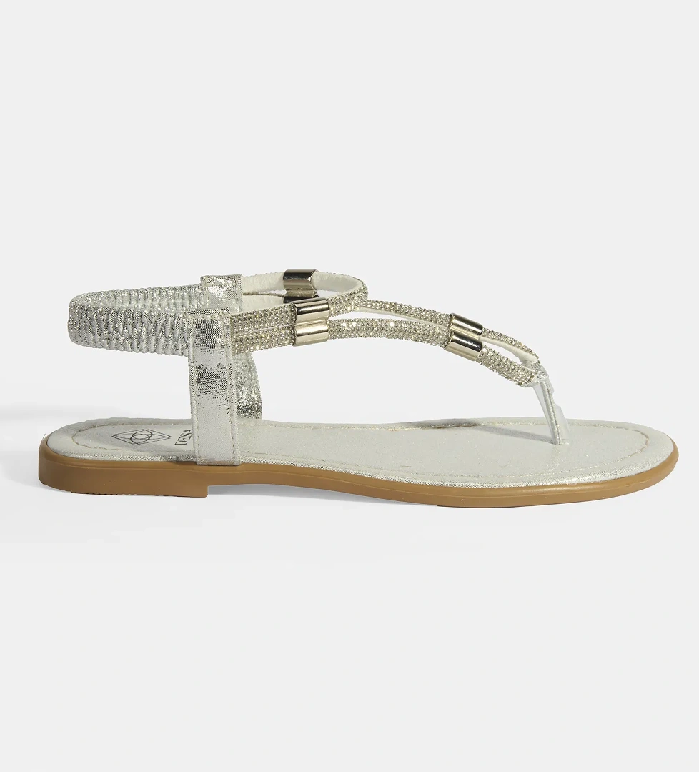 Kadın Gümüş Taşlı Lastik Bantlı Parmak Arası Sandalet