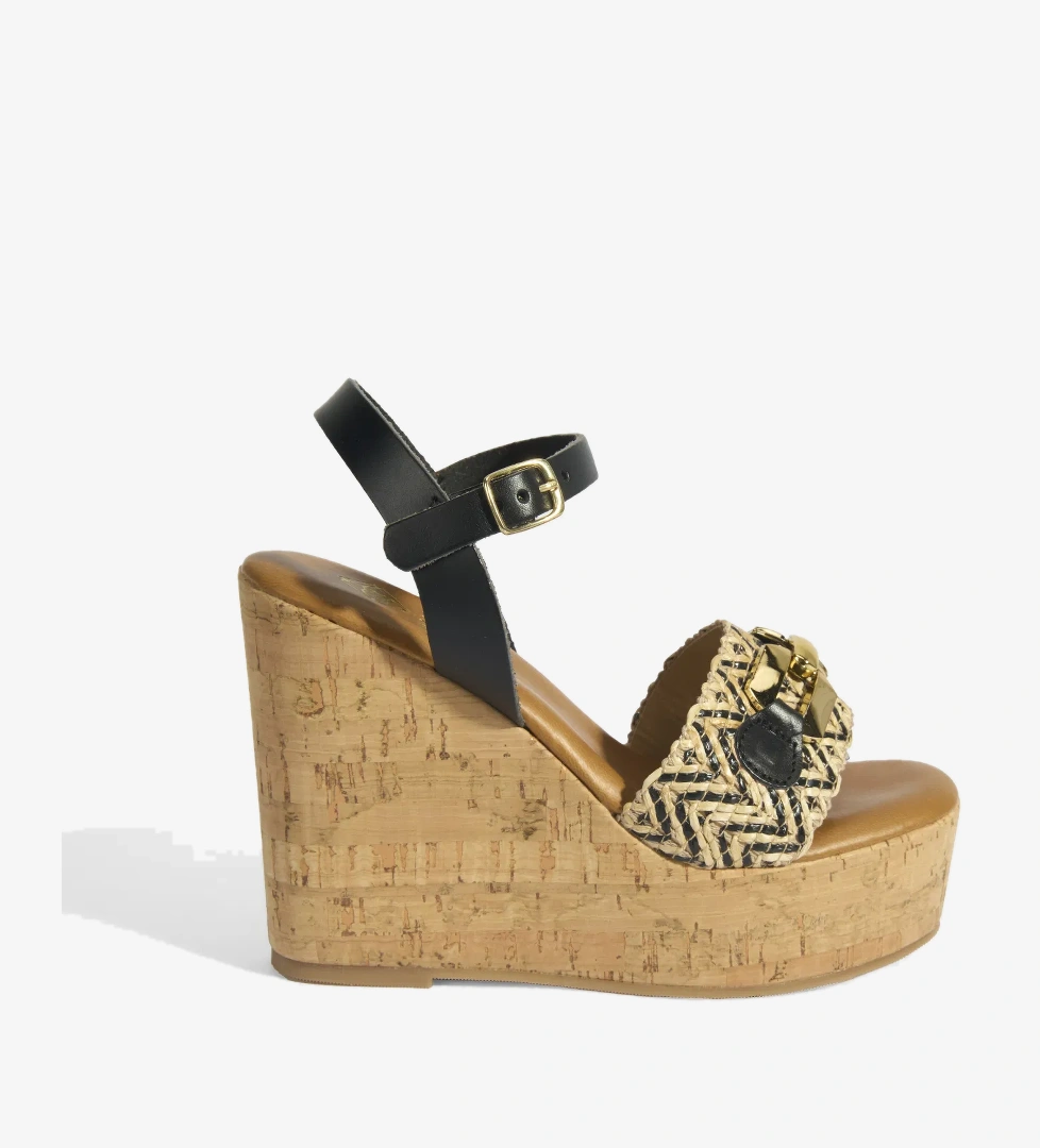 Desa Kadın Siyah Kahve Toka Aksesuarlı Deri Detaylı Dolgu Topuklu Sandalet model görseli