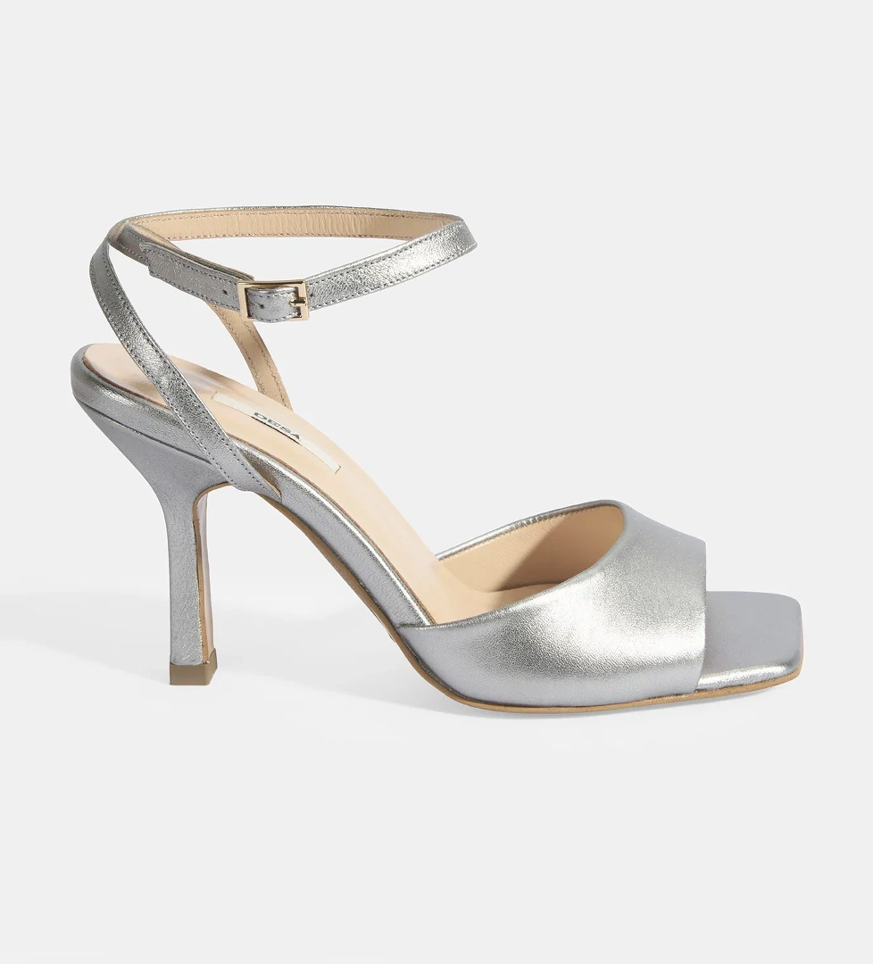 Kadın Gümüş Ayarlanabilir Tokalı Deri Abiye Topuklu Sandalet - Görsel 1
