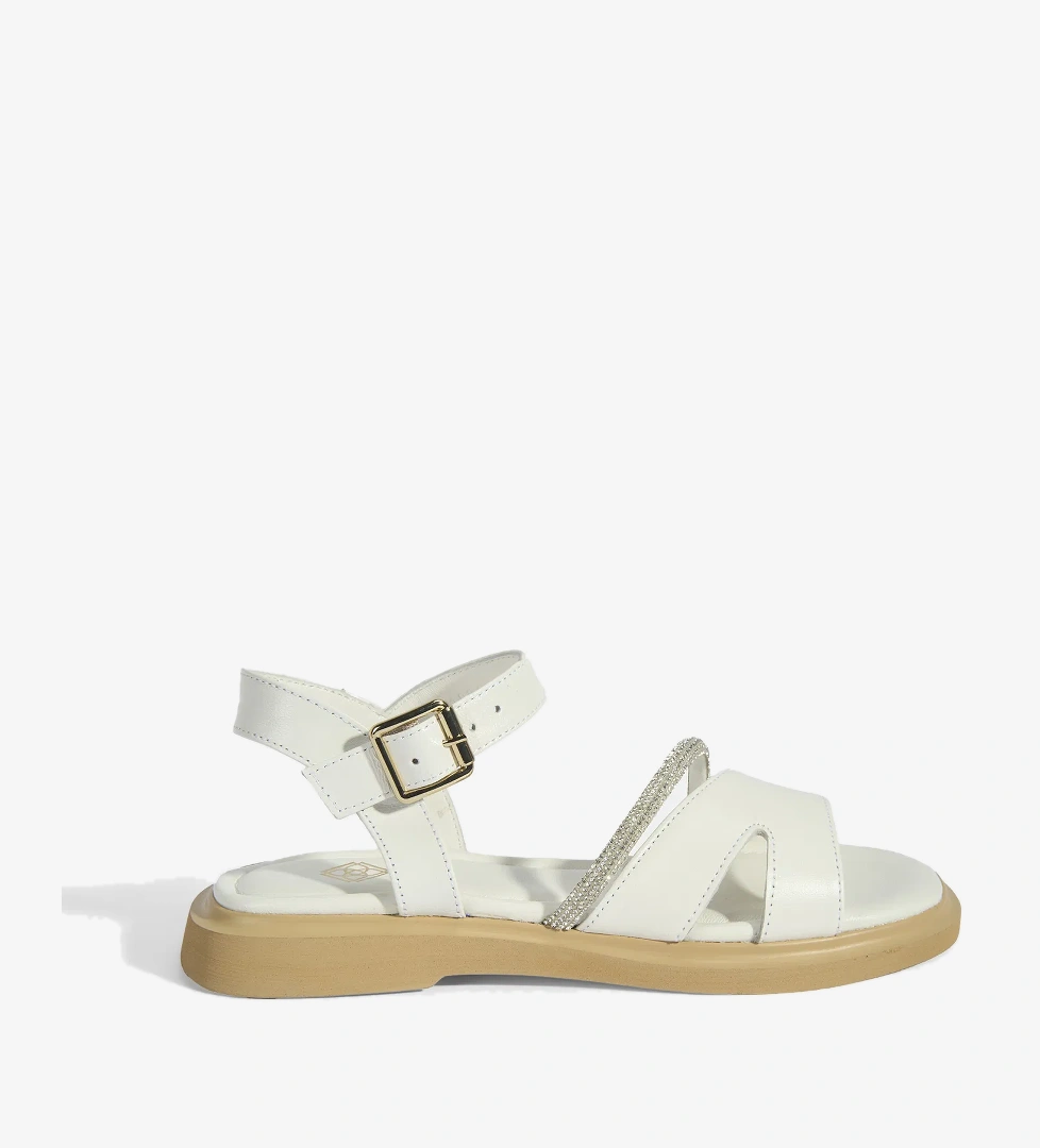 Kadın Beyaz Ayarlanabilir Tokalı Taş Detaylı Deri Sandalet - Görsel 1