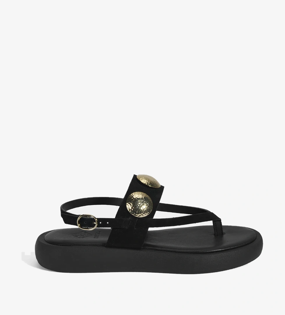 Kadın Siyah Metal Aksesuarlı Ayarlanabilir Tokalı Süet Sandalet