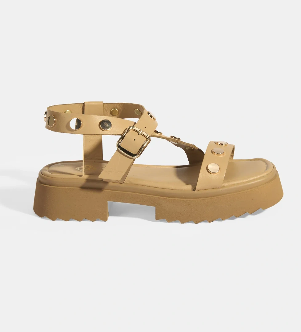 Kadın Bej Zımba Detaylı Deri Sandalet - Görsel 1