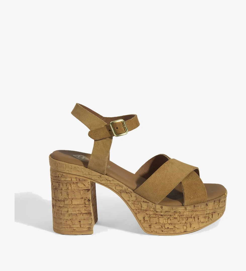 Kadın Taba Ayarlanabilir Tokalı Topuklu Süet Sandalet - Görsel 1