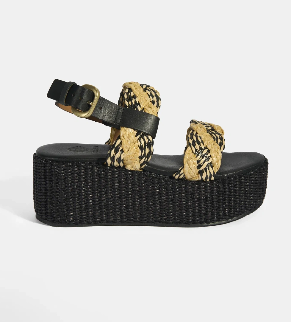 Kadın Siyah Ayarlanabilir Tokalı Hasır Detaylı Sandalet - Görsel 1