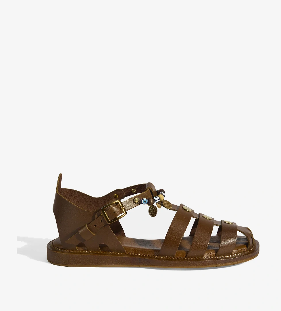 Kadın Taba Aksesuar Detaylı Ayarlanabilir Tokalı Deri Sandalet - Görsel 1