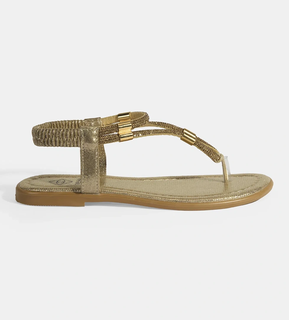 Kadın Gold Taşlı Lastik Bantlı Parmak Arası Sandalet