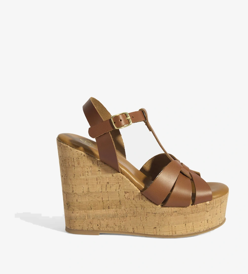 Kadın Taba Toka Aksesuarlı T-Bant Deri Dolgu Topuklu Sandalet - Görsel 1