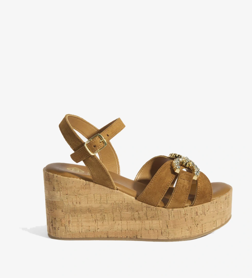 Kadın Taba Taşlı Toka Aksesuarlı Süet Dolgu Topuklu Sandalet - Görsel 1