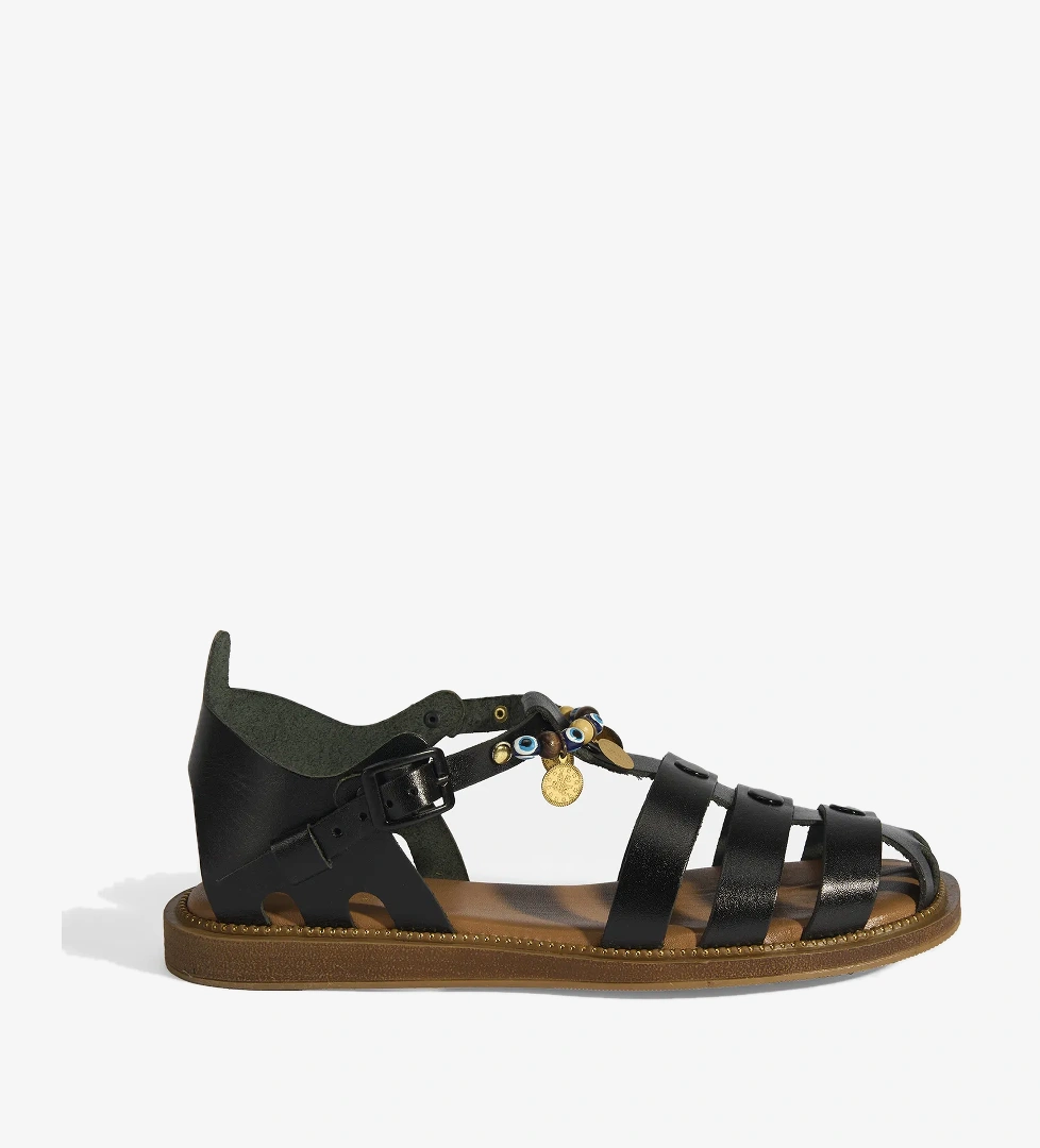 Kadın Siyah Aksesuar Detaylı Ayarlanabilir Tokalı Deri Sandalet