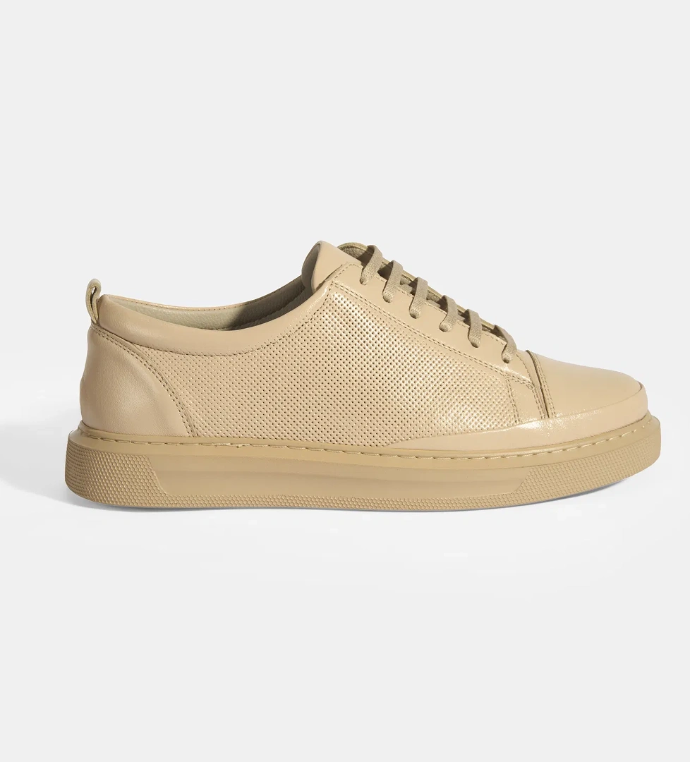 Kadın Bej Deri Bağcıklı Spor Ayakkabı - Görsel 1