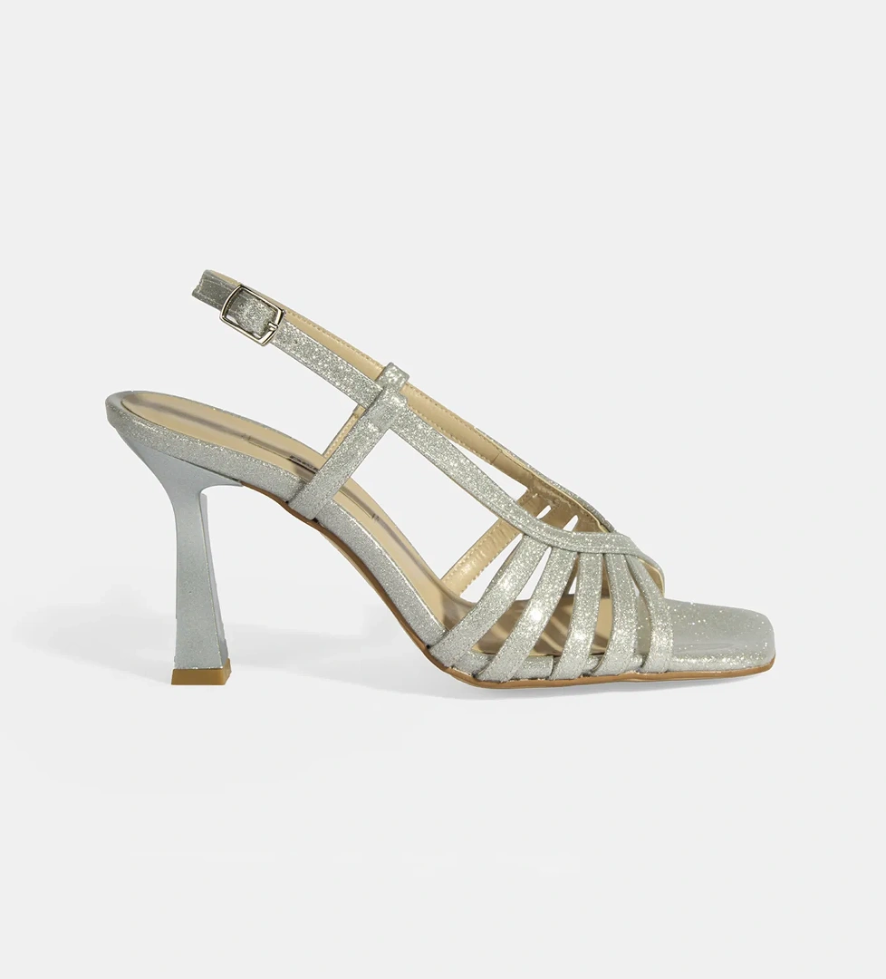 Kadın Gümüş Simli Topuklu Abiye Sandalet