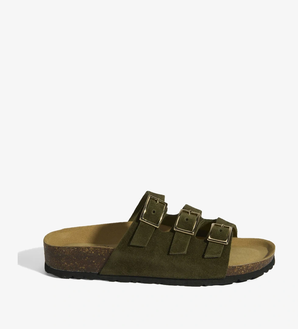 Haki Kadın Toka Detaylı Süet Terlik