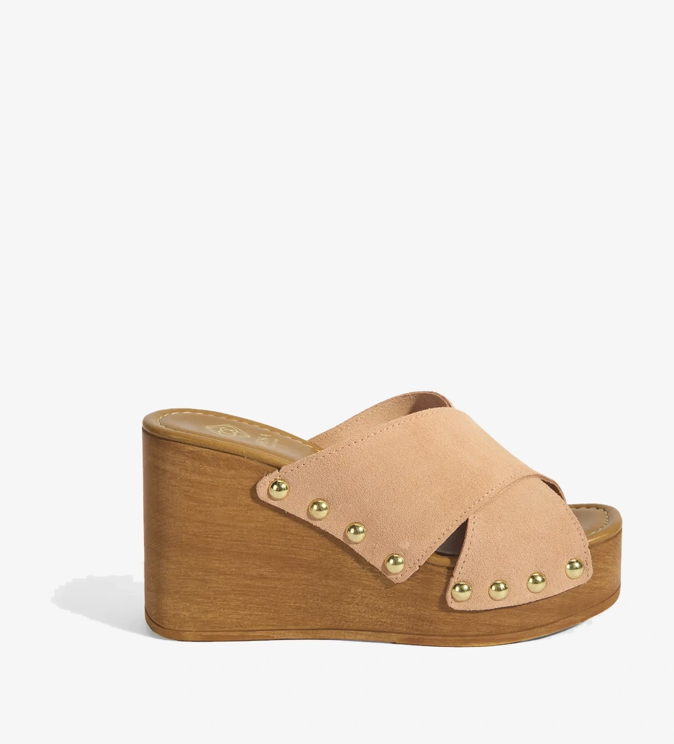 Kadın Pudra Zımba Detaylı Süet Dolgu Topuklu Terlik