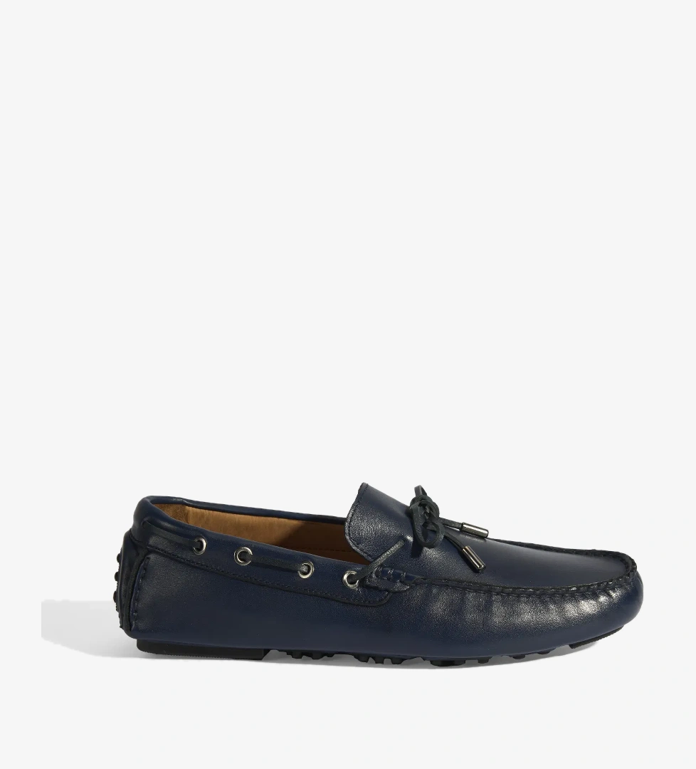 Erkek Lacivert Bağcık Detaylı Slip-On Deri Loafer