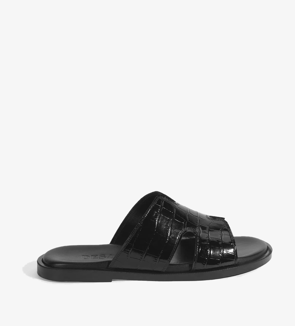 Erkek Siyah Kroko Desenli Deri Terlik - Görsel 1