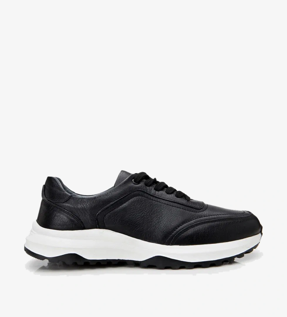 Erkek Deri Siyah Yumuşak Tabanlı Spor Ayakkabı