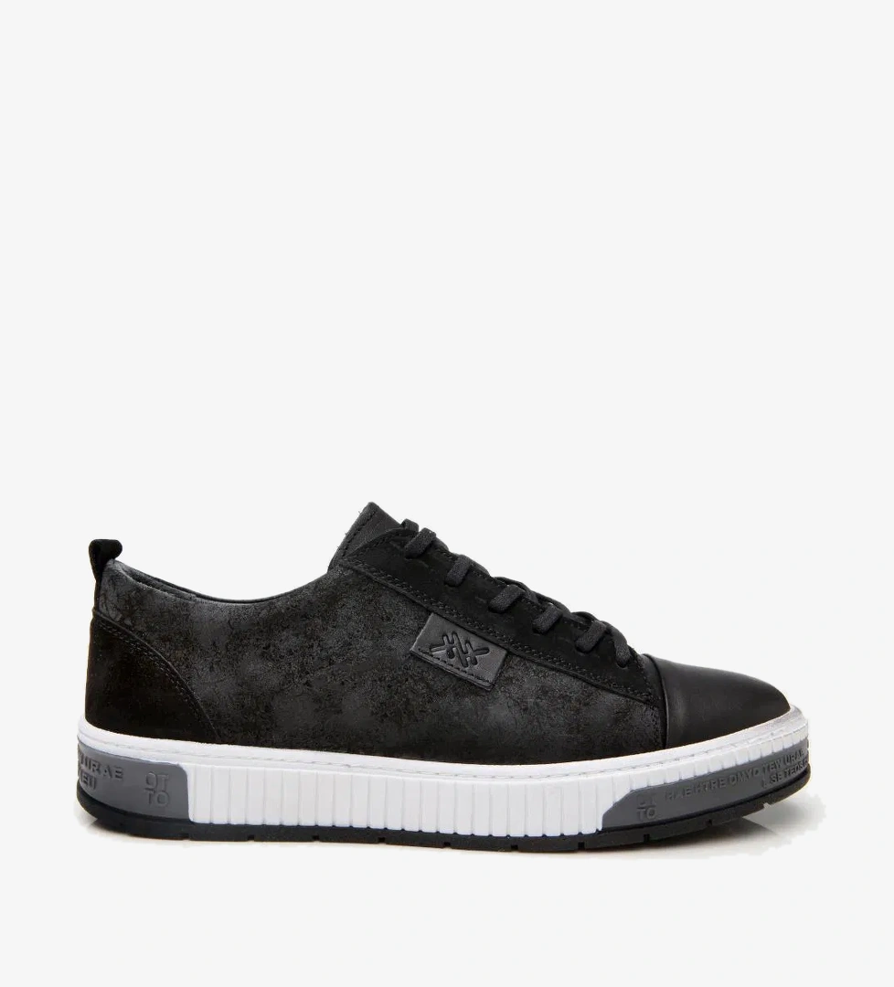 Erkek Deri Siyah Baskılı Spor Ayakkabı