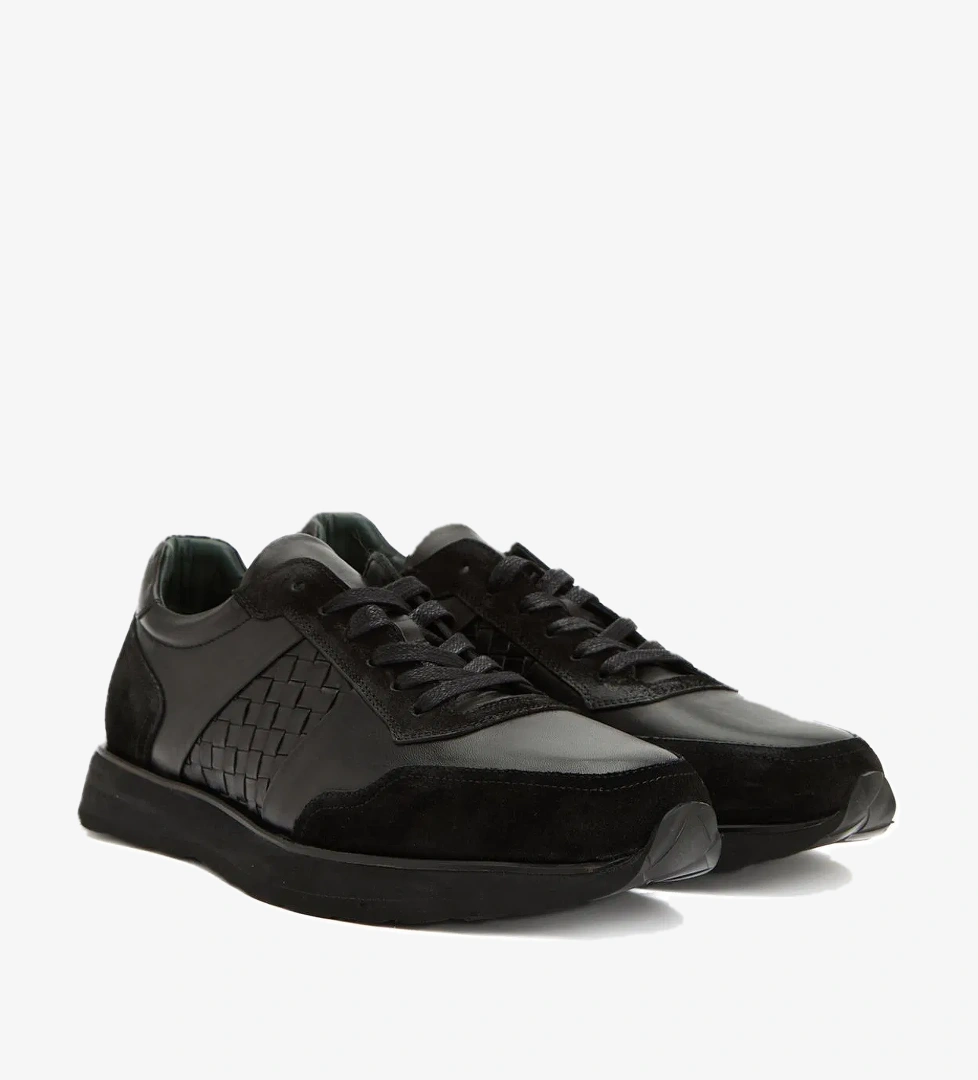 George Hogg Erkek Siyah Örgü Detaylı Deri Sneaker - Görsel 1