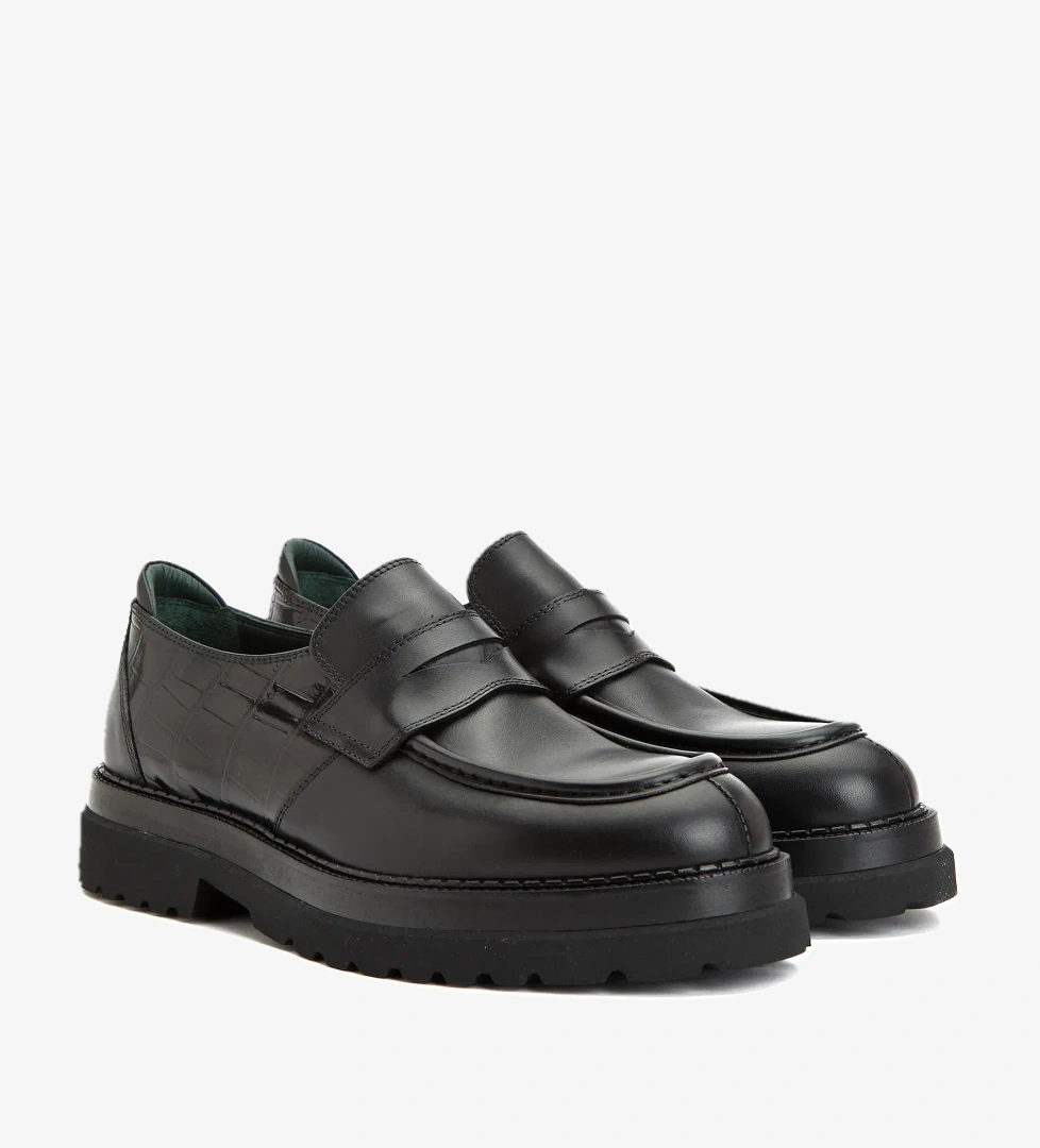 George Hogg Erkek Siyah Kroko Detaylı Deri Loafer