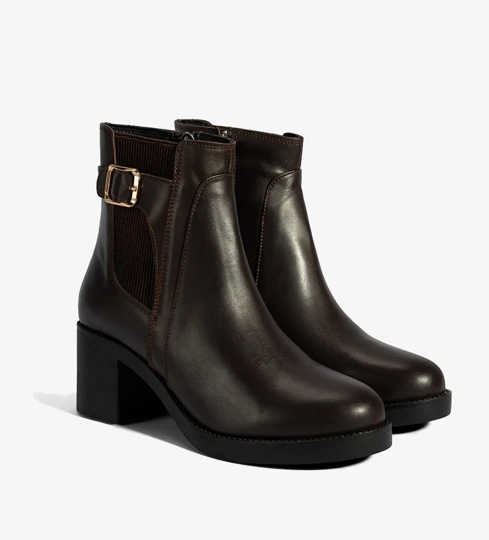 Kadın Kahve Metal Toka Detaylı Topuklu Deri Bot - Görsel 1