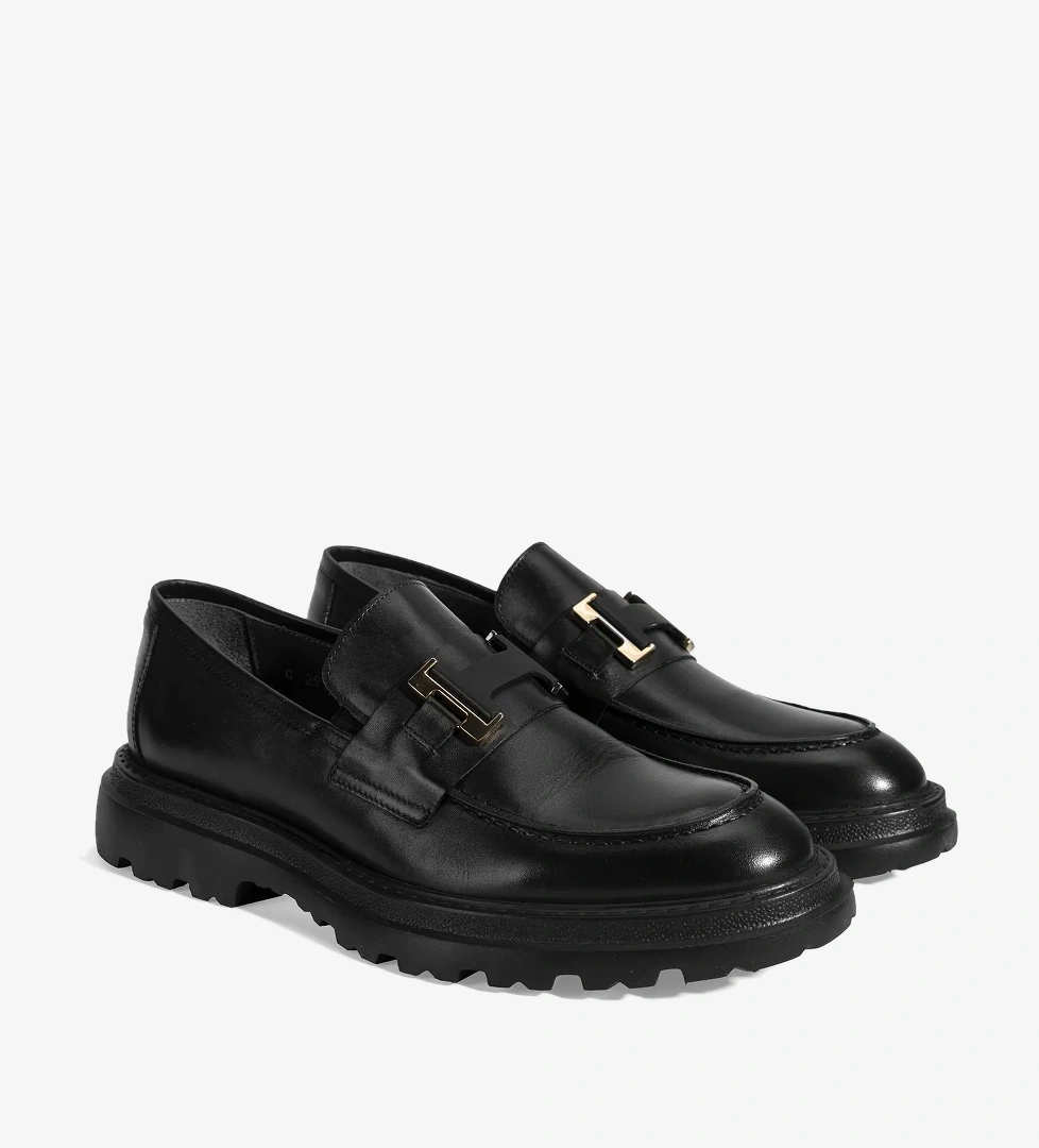 Erkek Siyah Metal Toka Detaylı Deri Loafer