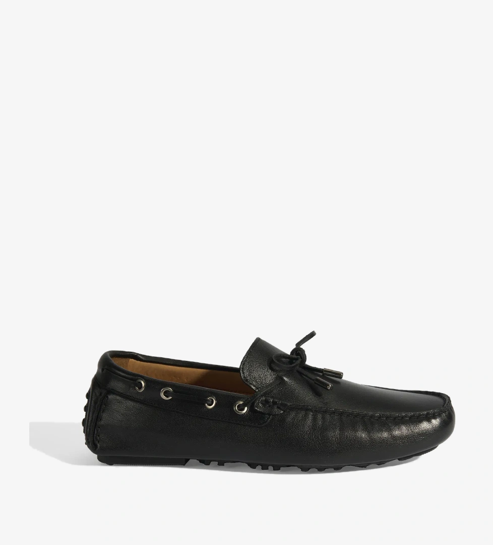 Erkek Siyah Bağcık Detaylı Slip-On Deri Loafer