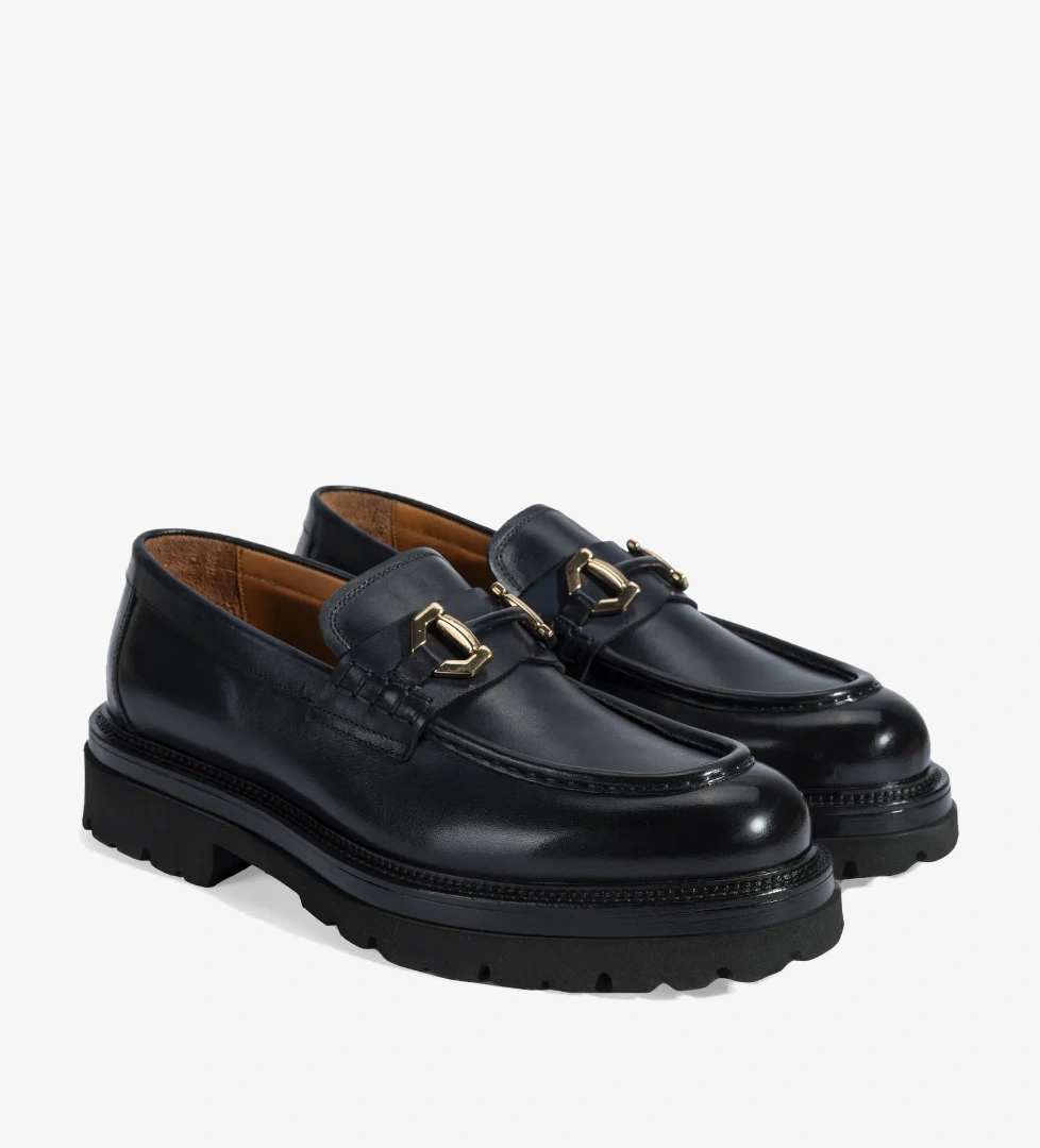 Erkek Lacivert Metal Toka Detaylı Deri Loafer