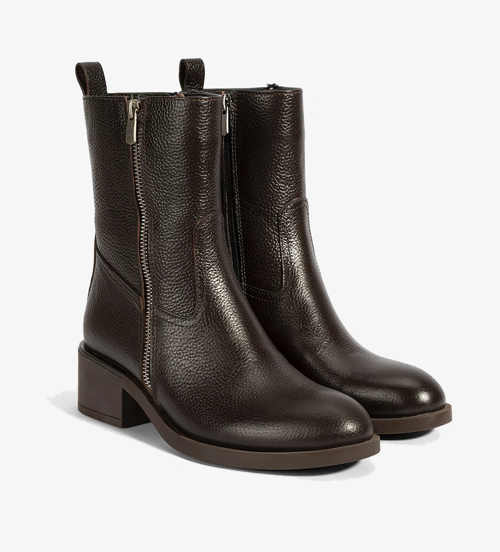 Kadın Kahve Fermuarlı Deri Topuklu Bot