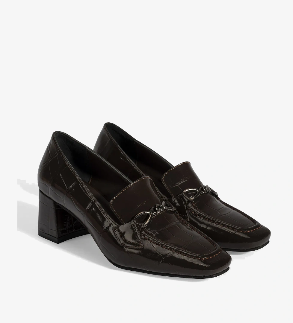 Kadın Kahve Kroko Baskılı Topuklu Rugan Loafer - Görsel 1