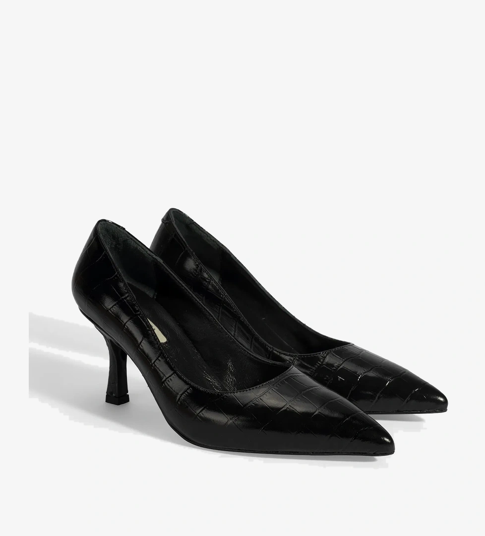 Kadın Siyah Kroko Baskılı Deri Stiletto - Görsel 1