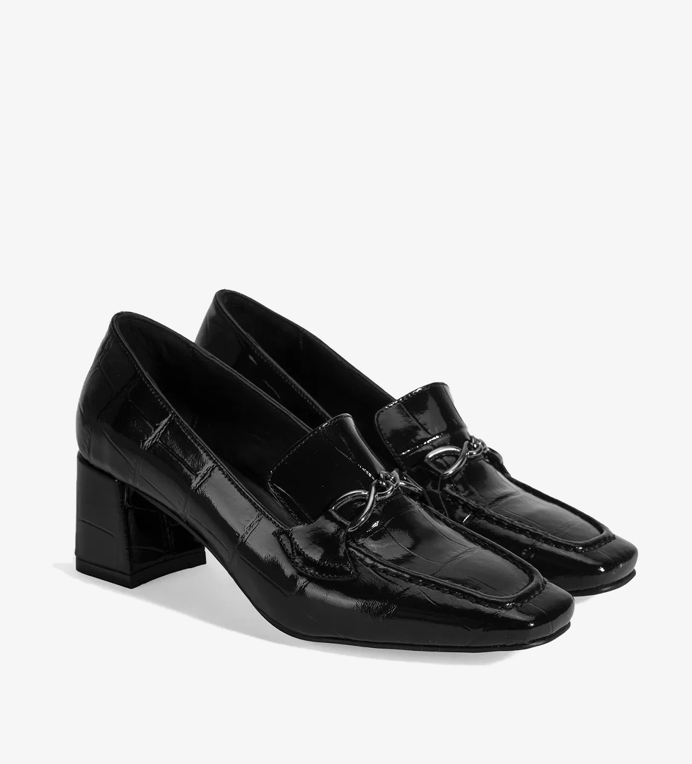 Kadın Siyah Kroko Baskılı Topuklu Rugan Loafer